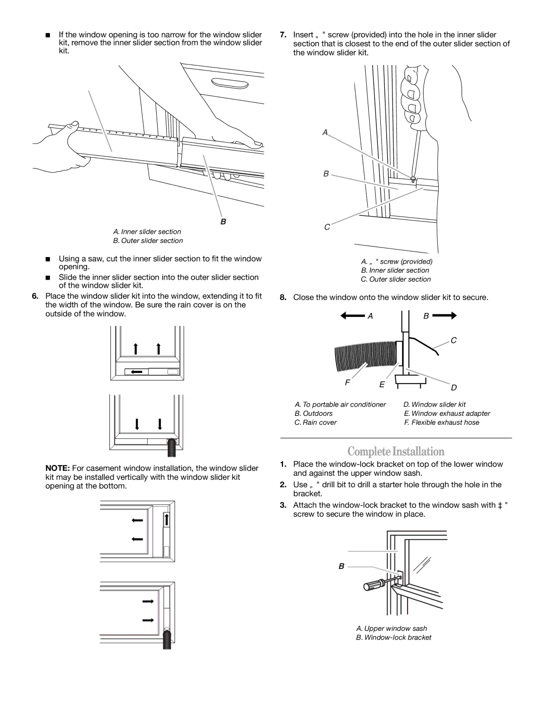 Whirlpool 1328891 manual CompleteInstallation, Close the window onto the window slider kit to secure 