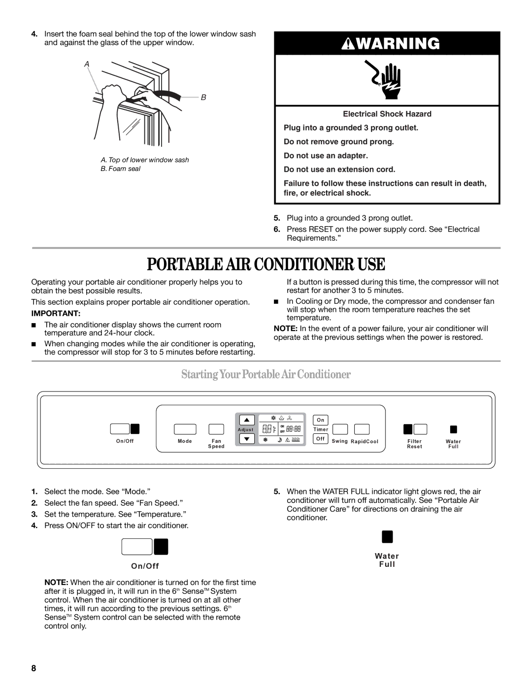 Whirlpool 1328891 manual Portable AIR Conditioner USE, StartingYourPortableAirConditioner 