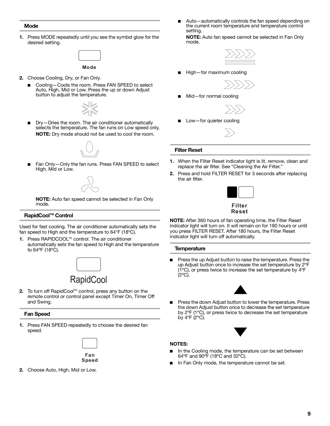 Whirlpool 1328891 manual Mode, RapidCoolTM Control, Fan Speed, Filter Reset, Temperature 