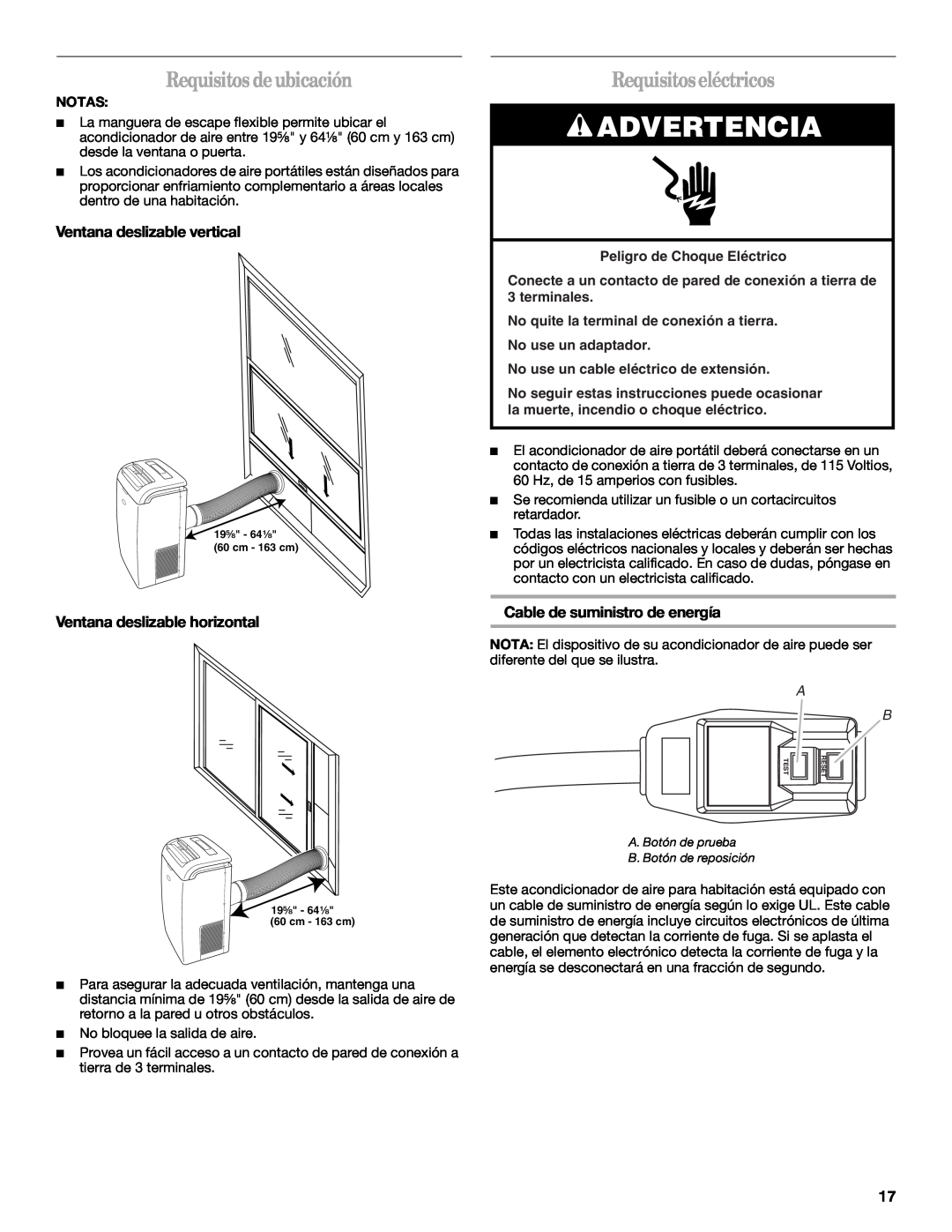 Whirlpool 1328891 manual Advertencia, Requisitosdeubicación, Requisitoseléctricos, Ventana deslizable vertical 