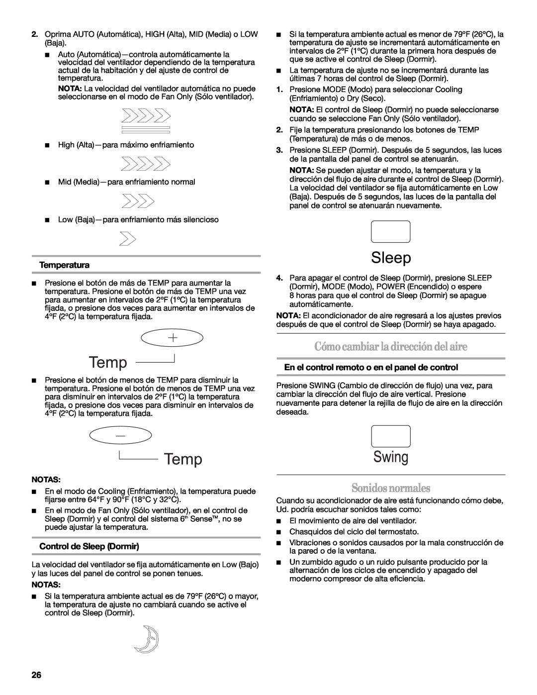 Whirlpool 1328891 manual Cómocambiarladireccióndelaire, Sonidosnormales, Control de Sleep Dormir, Temperatura 