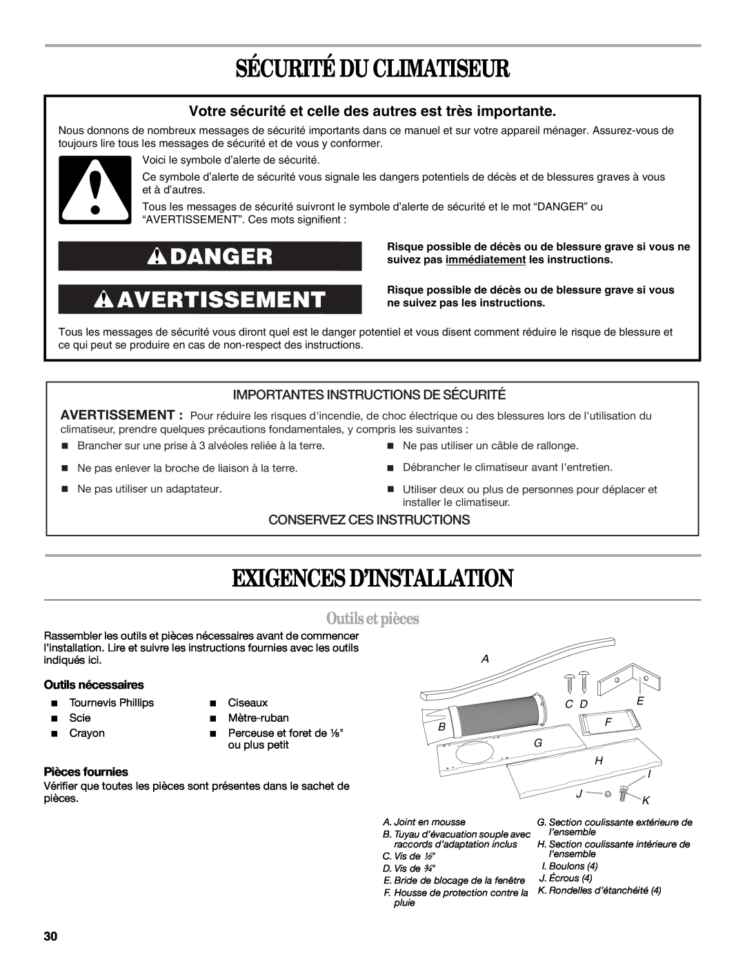 Whirlpool 1328891 Sécurité Du Climatiseur, Exigences D’Installation, Danger Avertissement, Outilsetpièces, Pièces fournies 