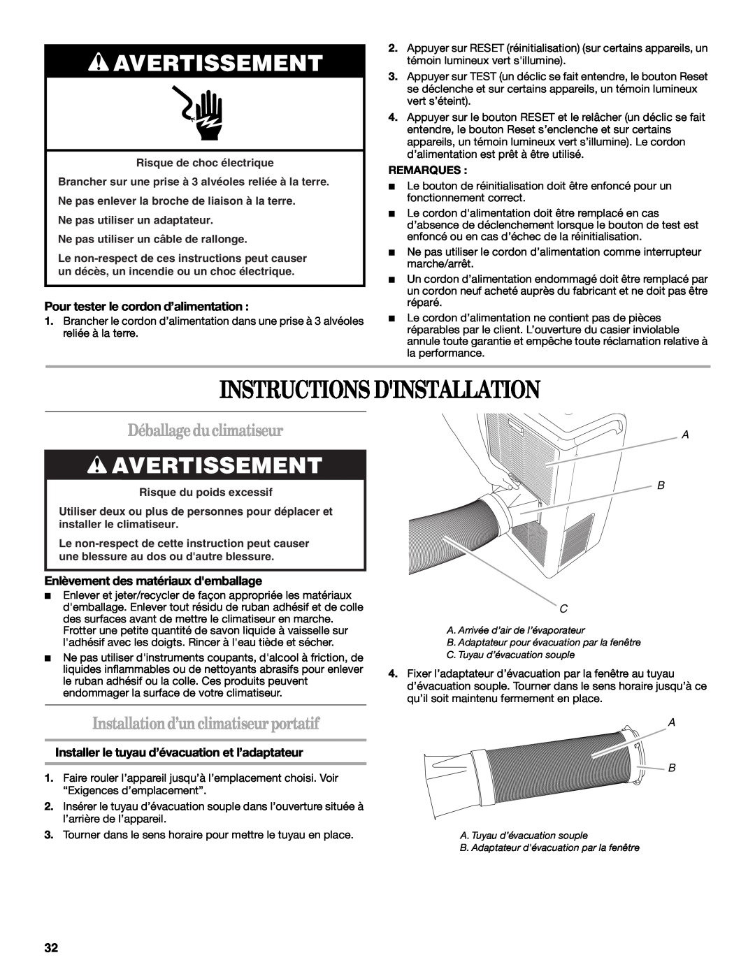 Whirlpool 1328891 Instructions Dinstallation, Déballageduclimatiseur, Installationd’unclimatiseurportatif, Avertissement 