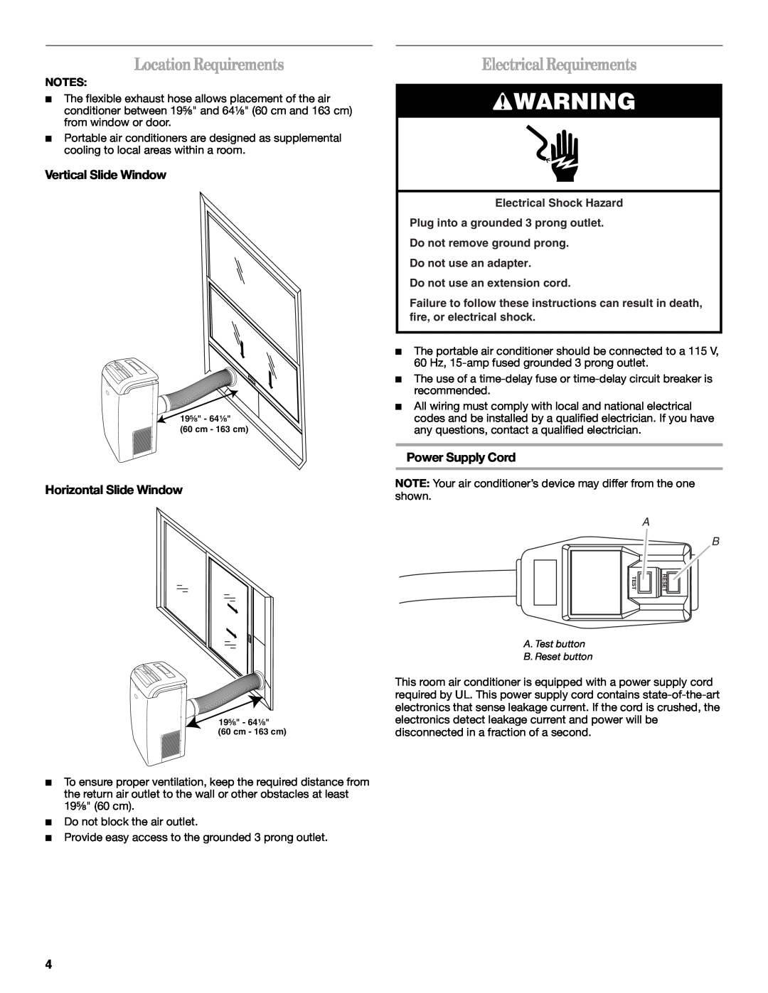Whirlpool 1328891 manual LocationRequirements, ElectricalRequirements, Vertical Slide Window, Horizontal Slide Window 