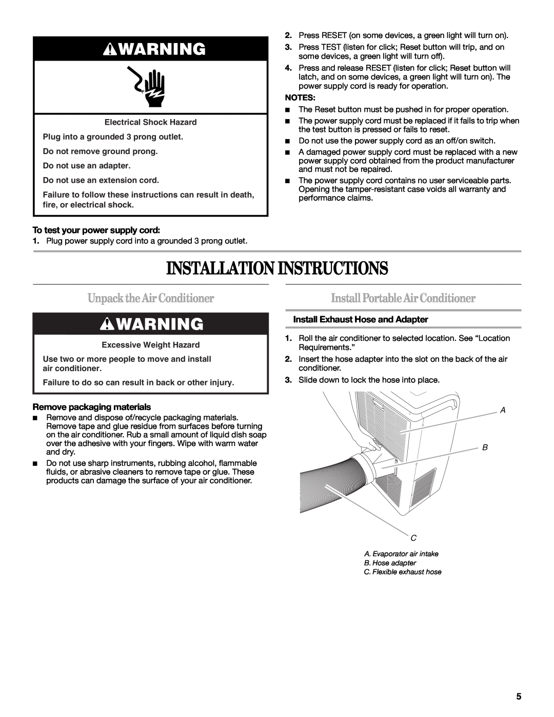 Whirlpool 1328891 manual Installation Instructions, UnpacktheAirConditioner, InstallPortableAirConditioner, A B C 