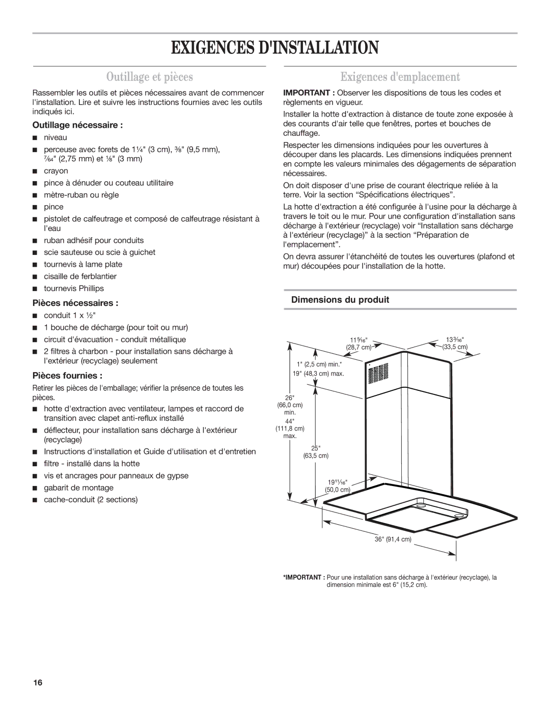 Whirlpool 19760268A installation instructions Exigences Dinstallation, Outillage et pièces, Dimensions du produit 