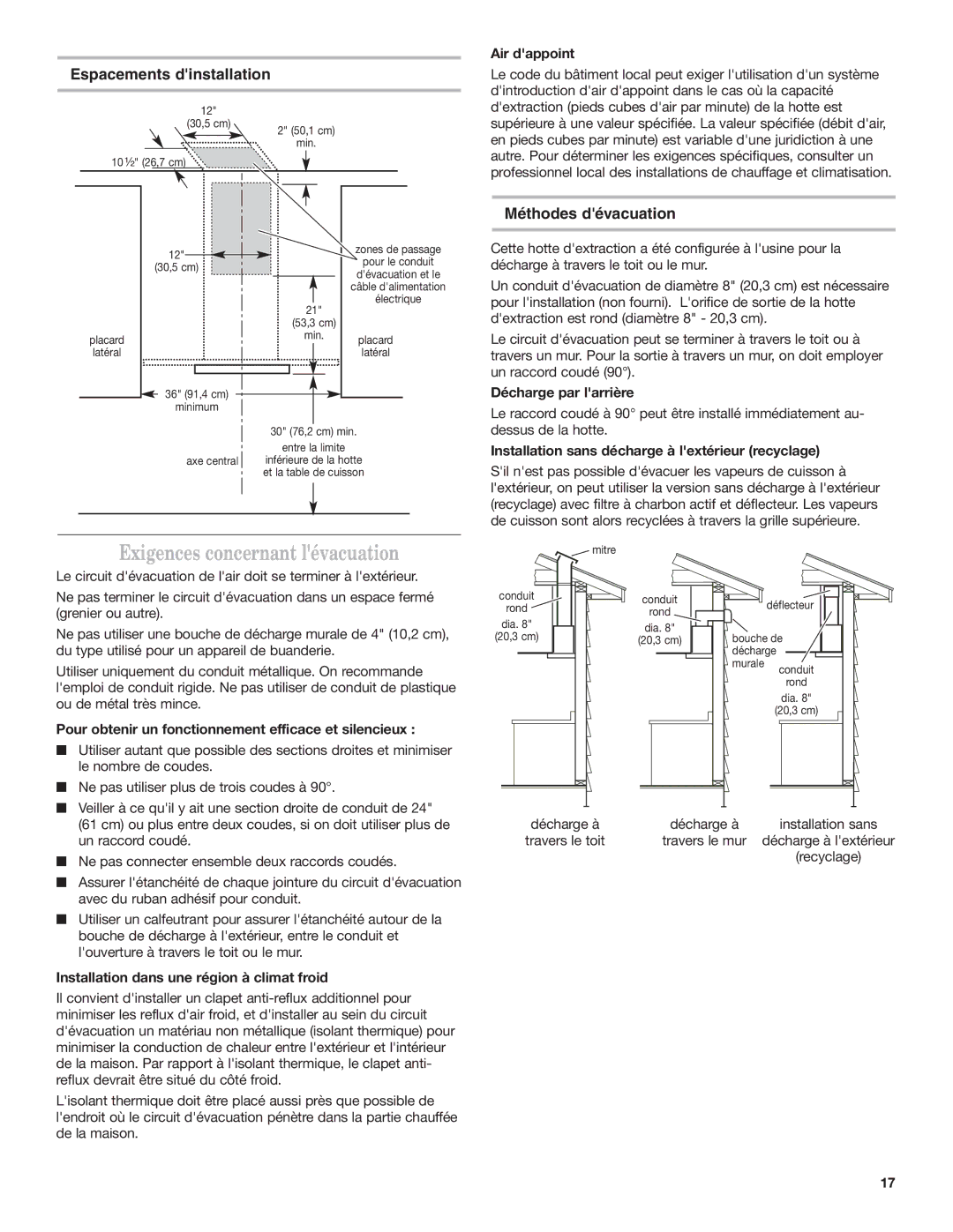Whirlpool 19760268A Exigences concernant lévacuation, Espacements dinstallation, Méthodes dévacuation 