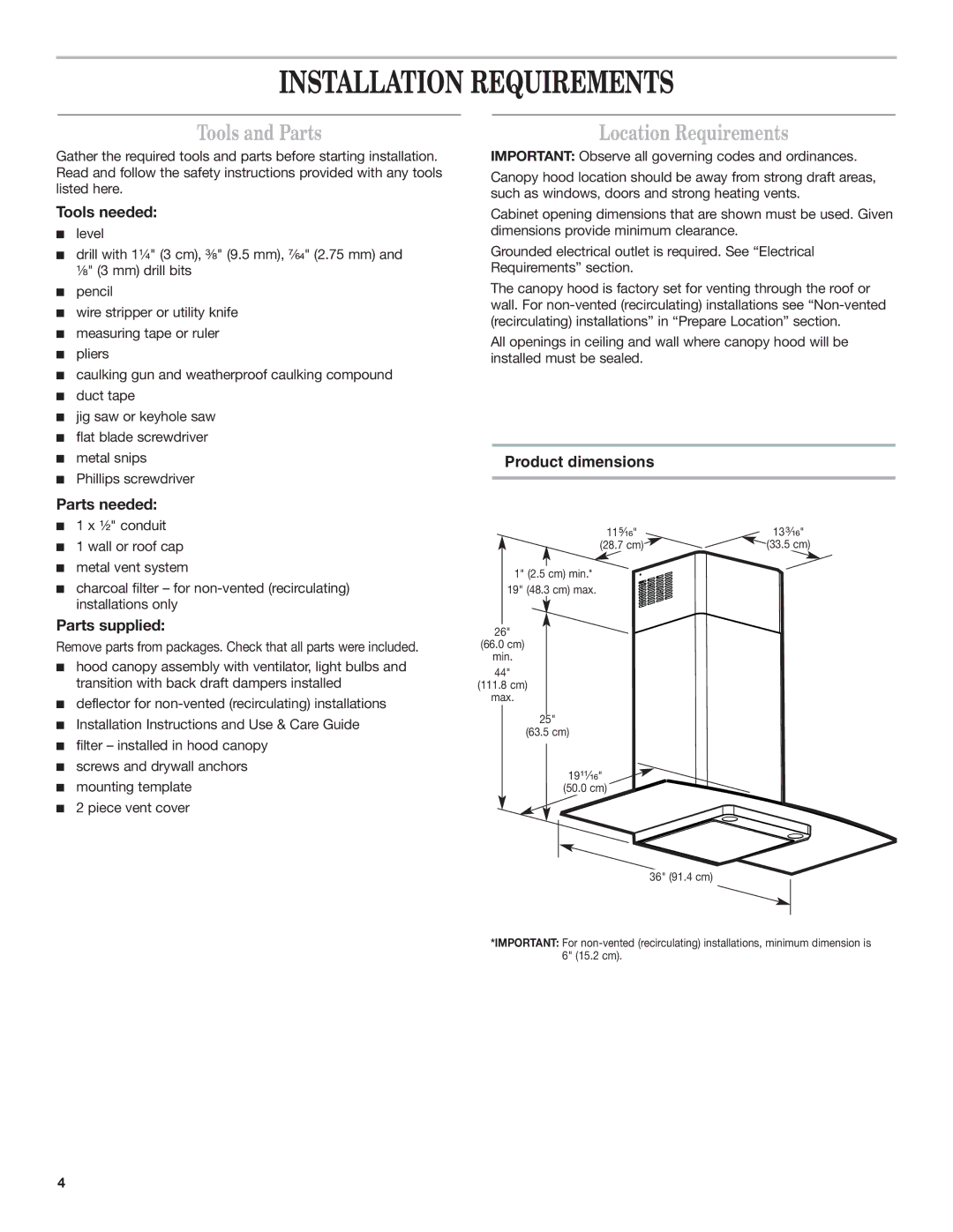 Whirlpool 19760268A Installation Requirements, Tools and Parts, Location Requirements, Product dimensions 