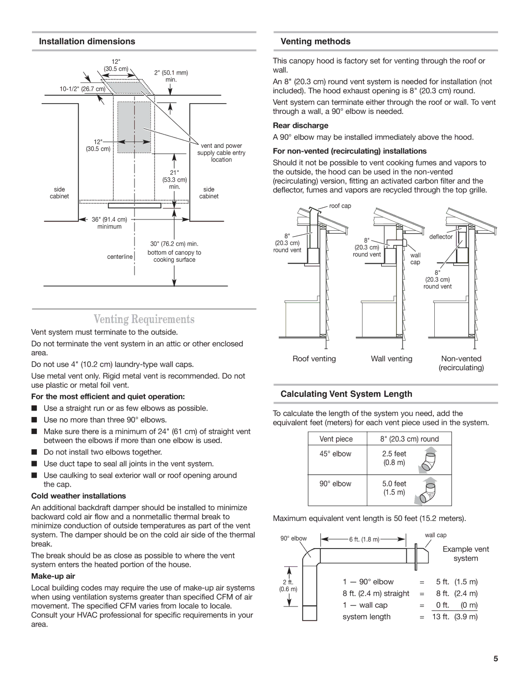 Whirlpool 19760268A Venting Requirements, Installation dimensions, Venting methods, Calculating Vent System Length 