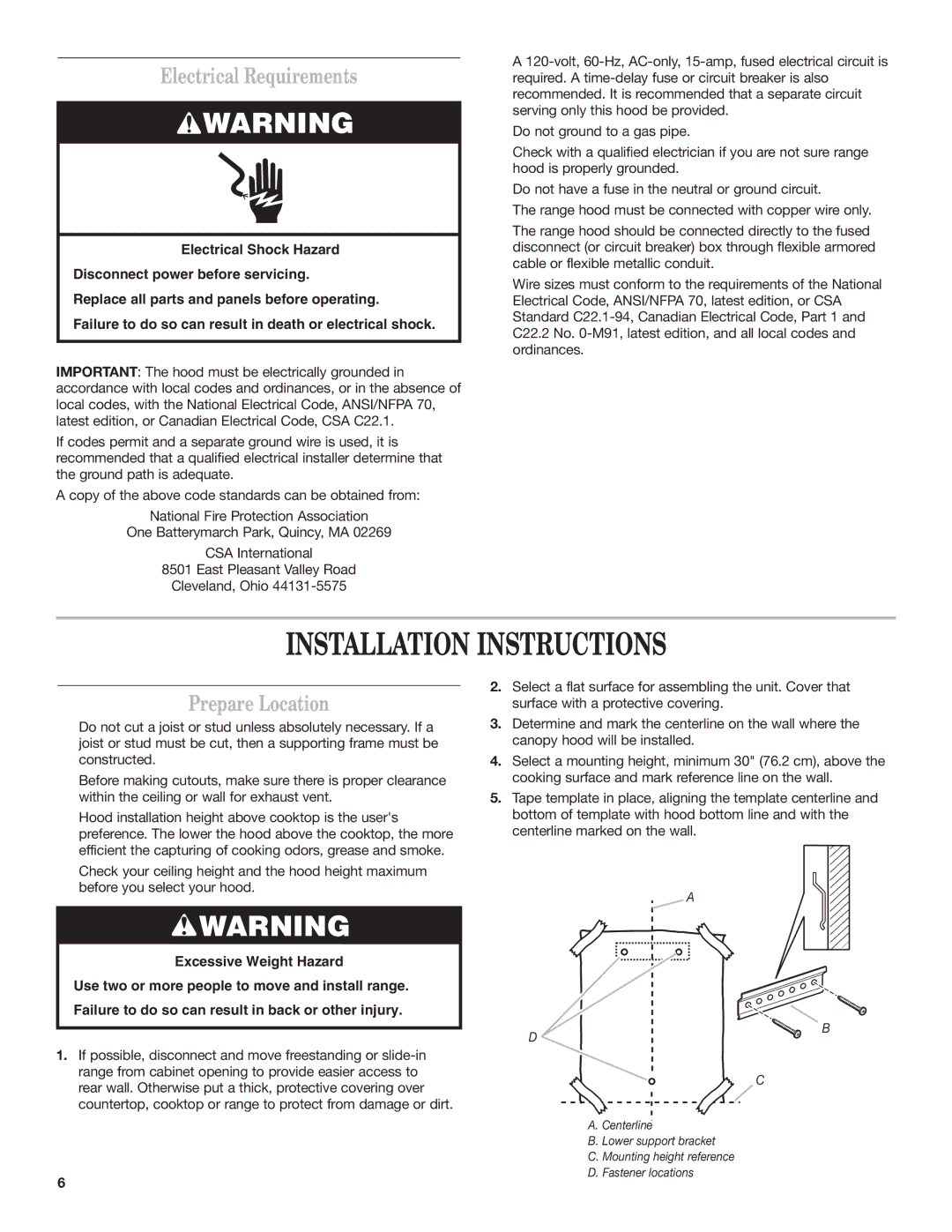 Whirlpool 19760268A installation instructions Installation Instructions, Electrical Requirements, Prepare Location 