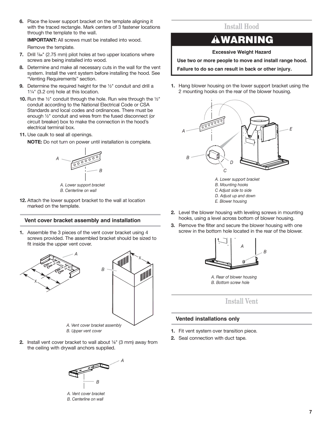 Whirlpool 19760268A Install Hood, Install Vent, Vent cover bracket assembly and installation, Vented installations only 