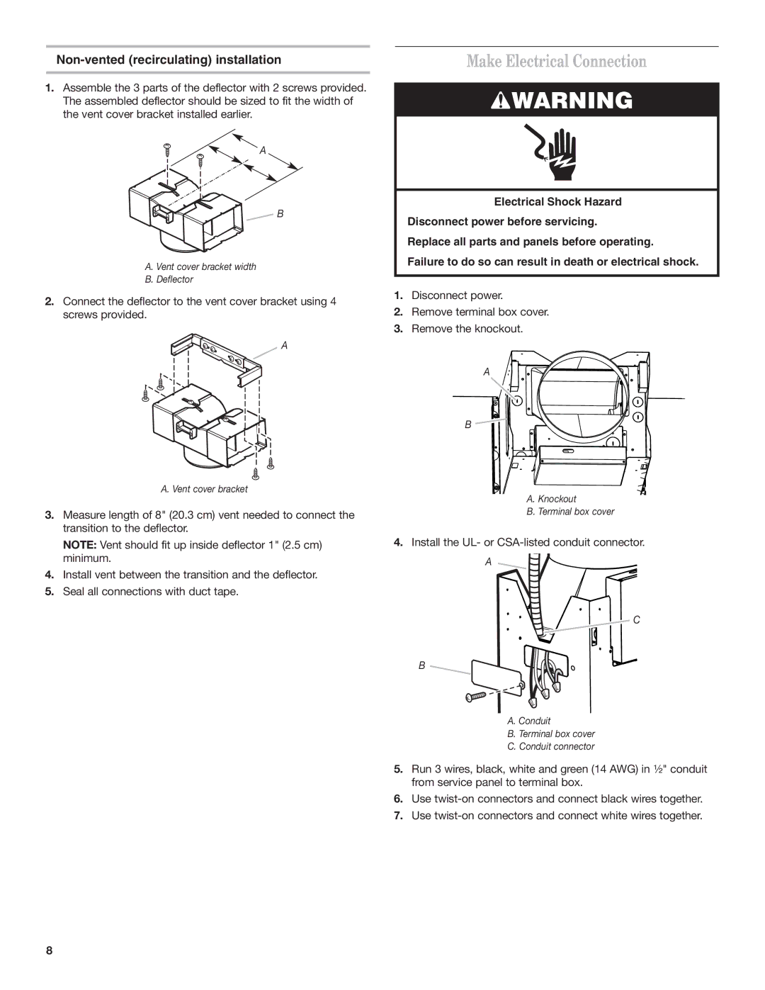 Whirlpool 19760268A installation instructions Make Electrical Connection, Non-vented recirculating installation 