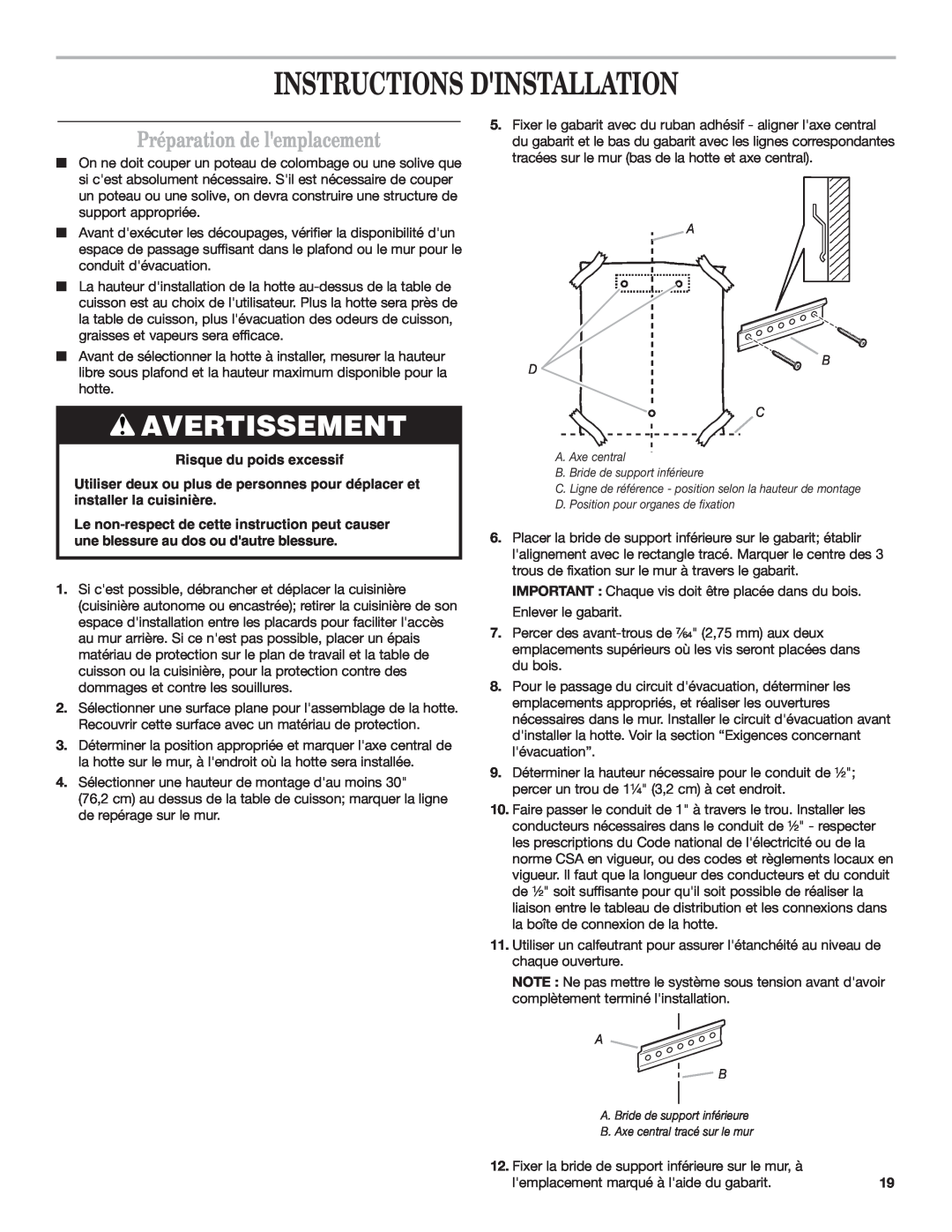 Whirlpool 19760268A Instructions Dinstallation, Préparation de lemplacement, Risque du poids excessif, Avertissement 