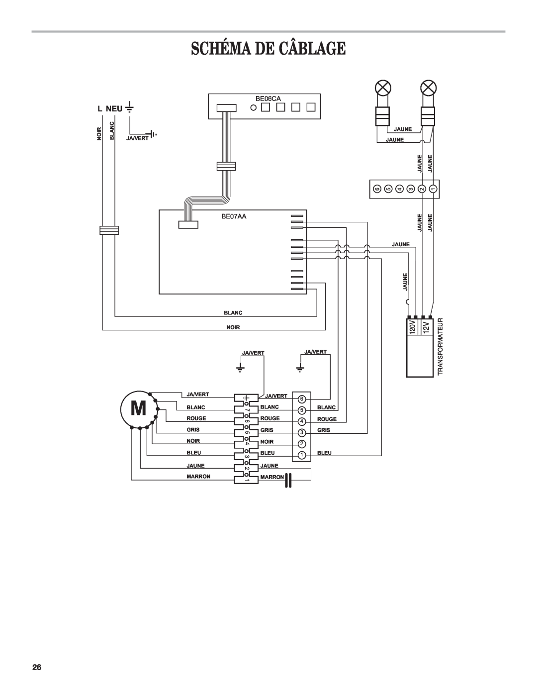 Whirlpool 19760268A installation instructions Schéma De Câblage, L Neu, BE06CA, BE07AA, Transformateur, 120V 