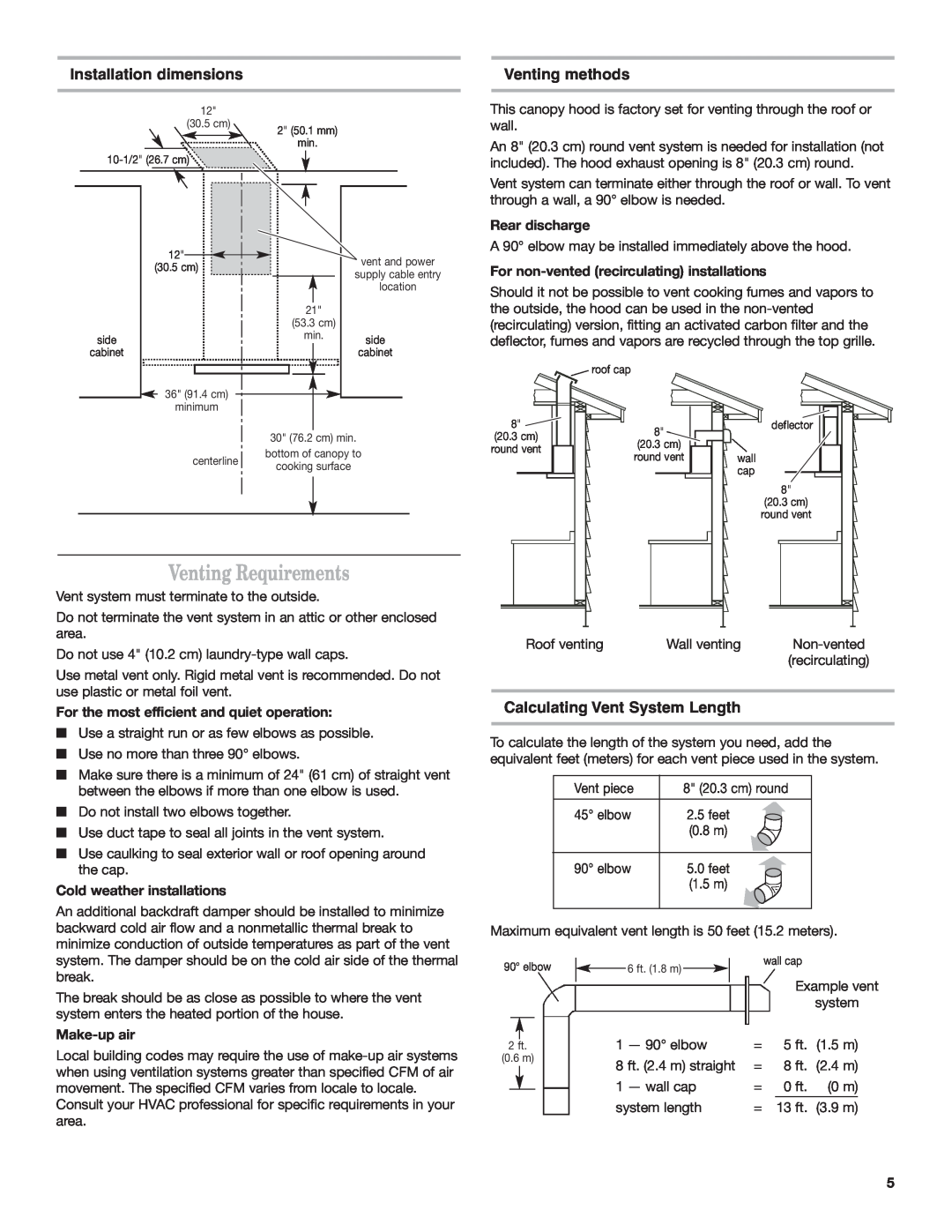 Whirlpool 19760268A Venting Requirements, Installation dimensions, Venting methods, Calculating Vent System Length 