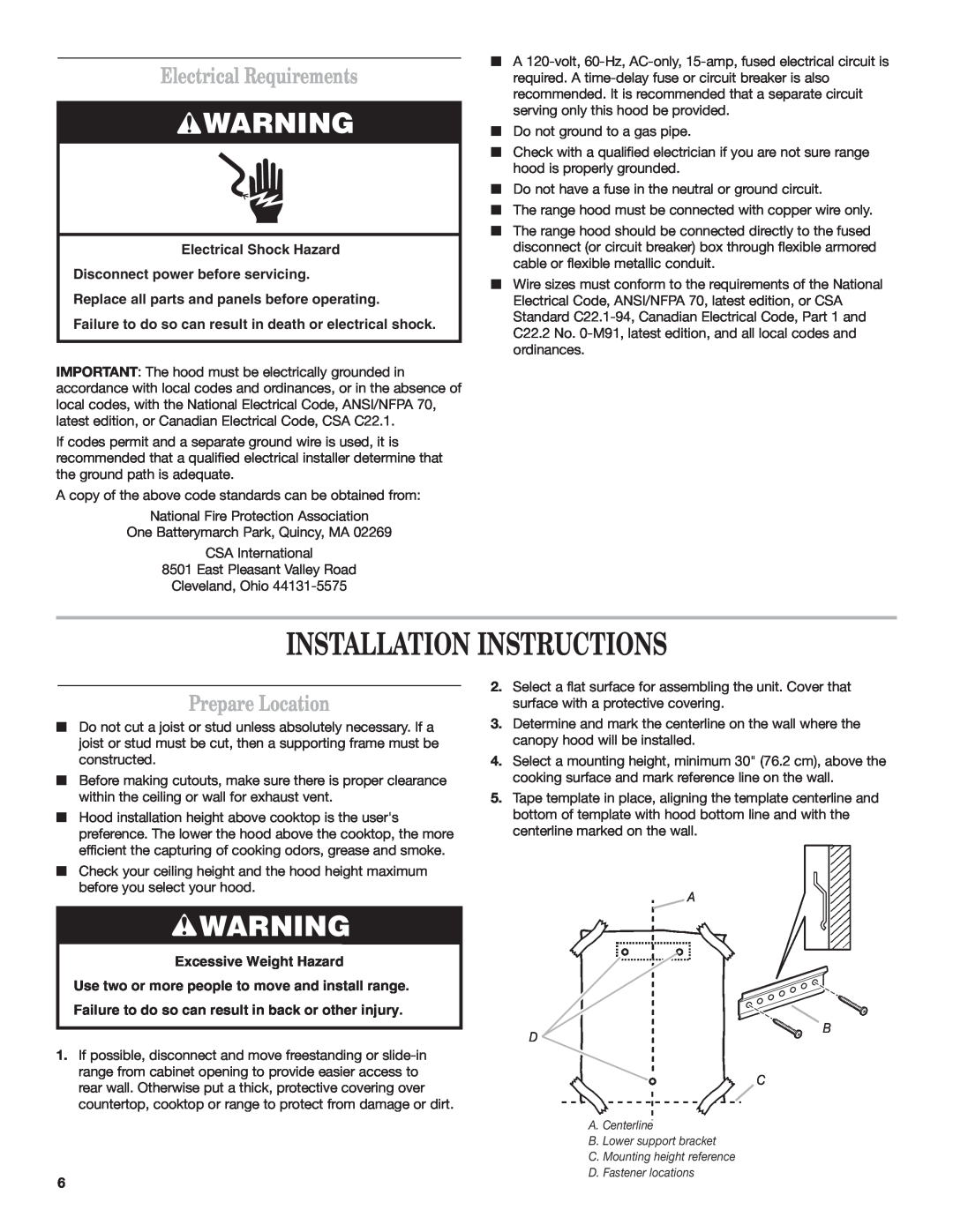 Whirlpool 19760268A Installation Instructions, Electrical Requirements, Prepare Location, Excessive Weight Hazard 