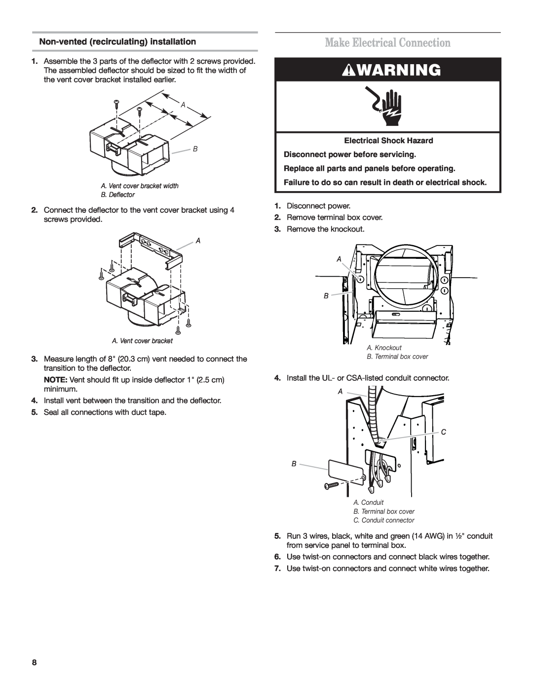 Whirlpool 19760268A installation instructions Make Electrical Connection, Non-vented recirculating installation 