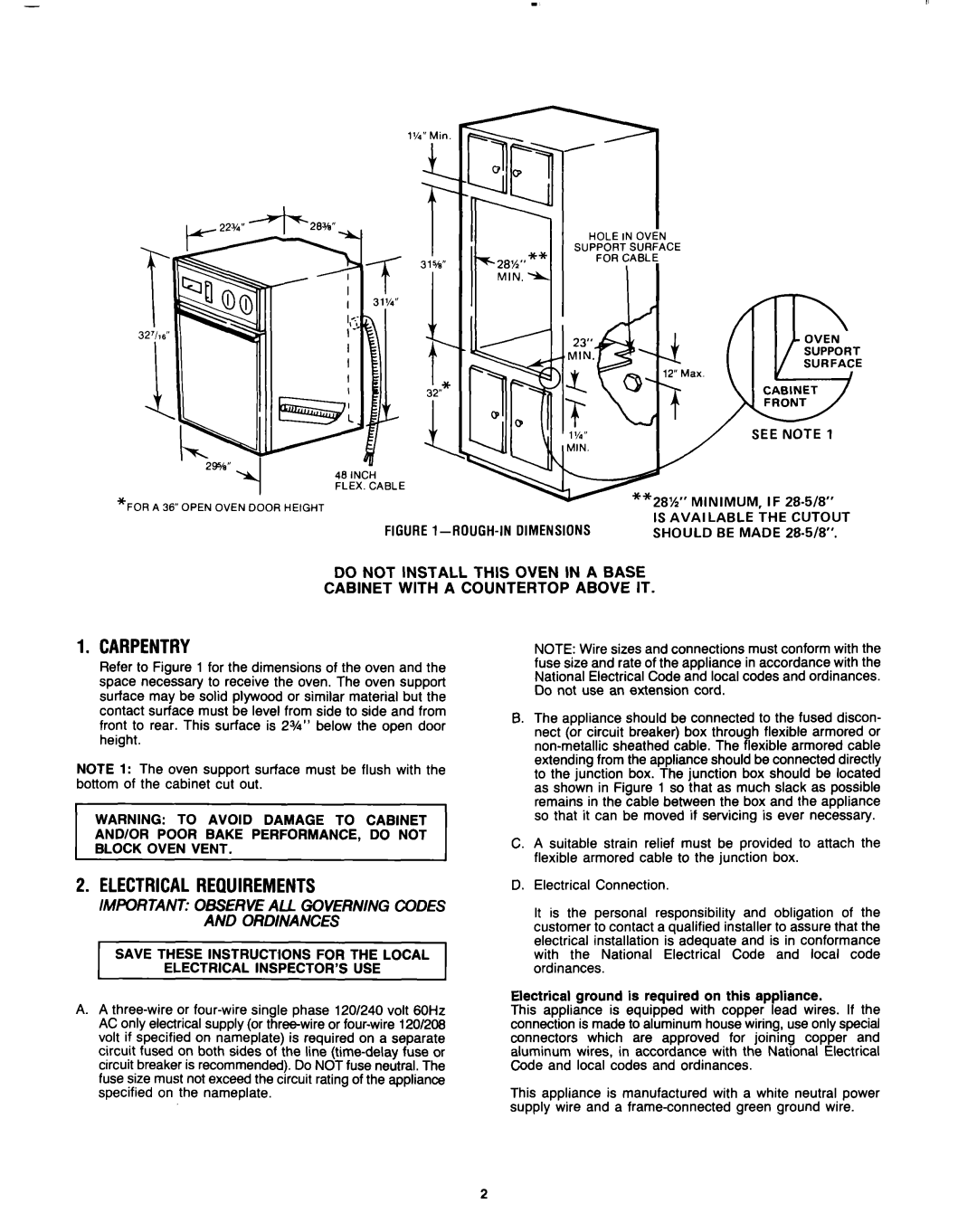 Whirlpool 1982 manual Carpentry, Electricalrequirements, Important Observe AU Governing Codes Ordinances 