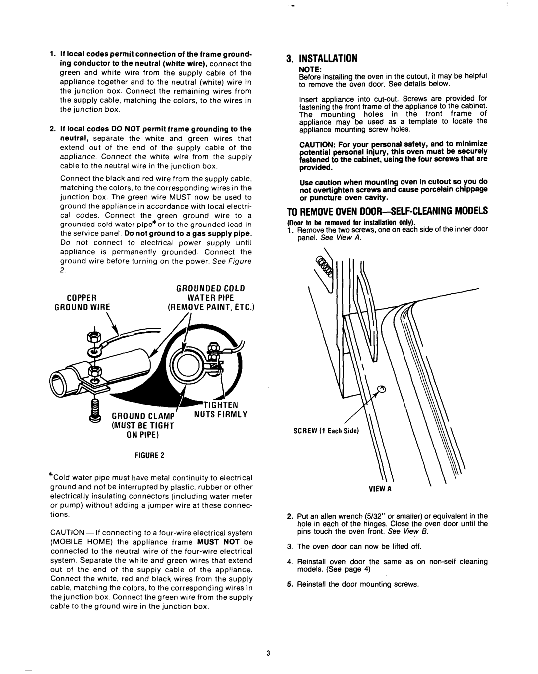 Whirlpool 1982 manual Installation, To REMOVEOVENDOOR-SELF-CLEANINGMODELS, Viewa 