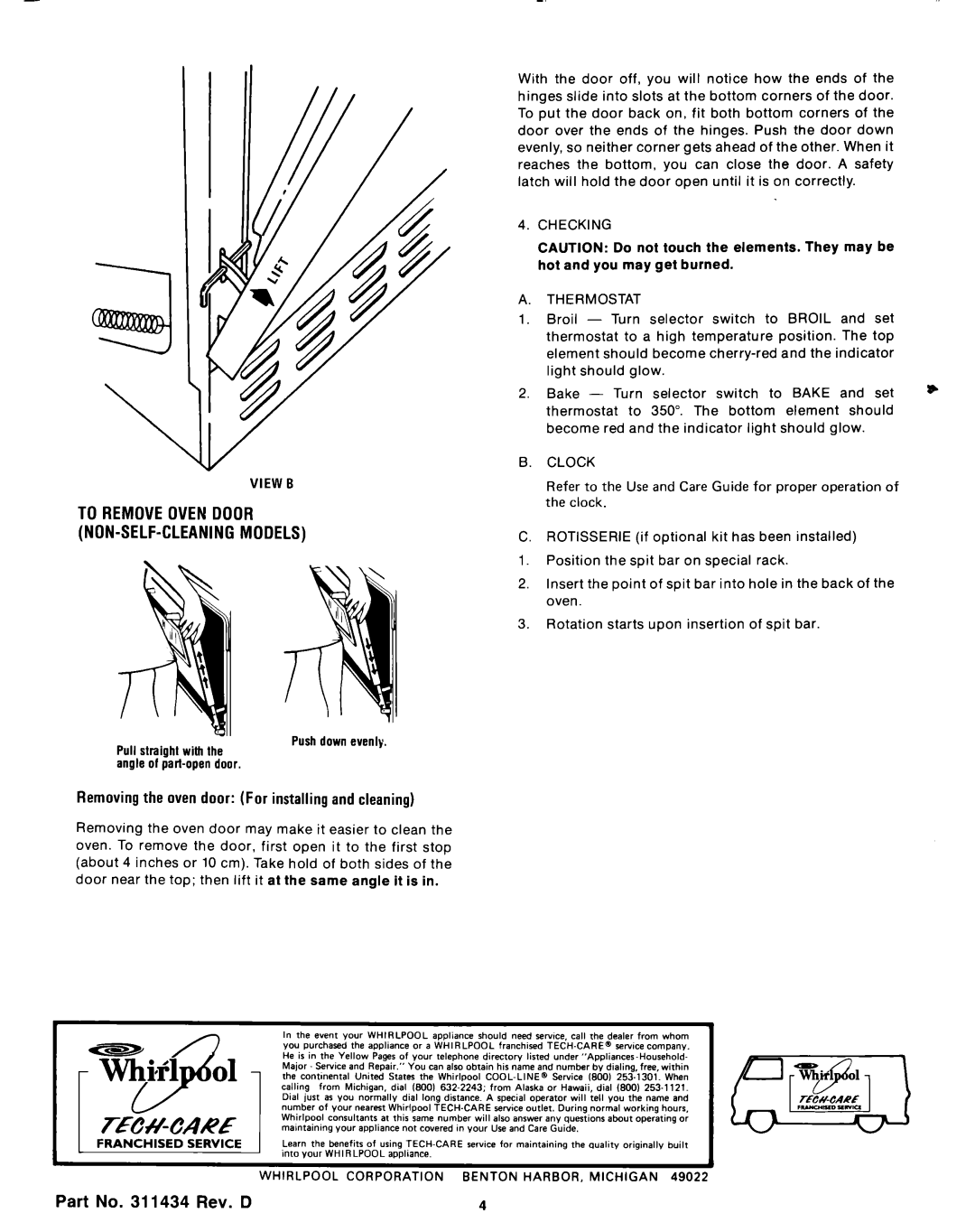 Whirlpool 1982 manual To Removeovendoor NON-SELF-CLEANINGMODELS, Checking Thermostat 