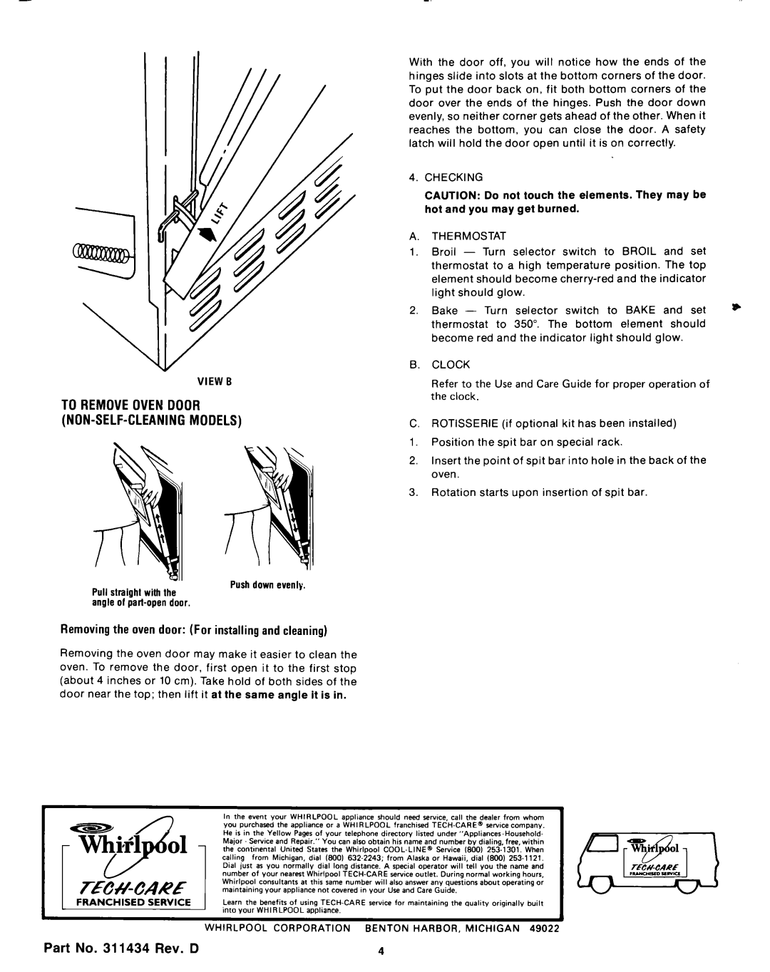Whirlpool 1982 manual To Removeovendoor Non-Self-Cleaningmodels, angleof pa+opendoor, Part No. 311434 Rev. D 