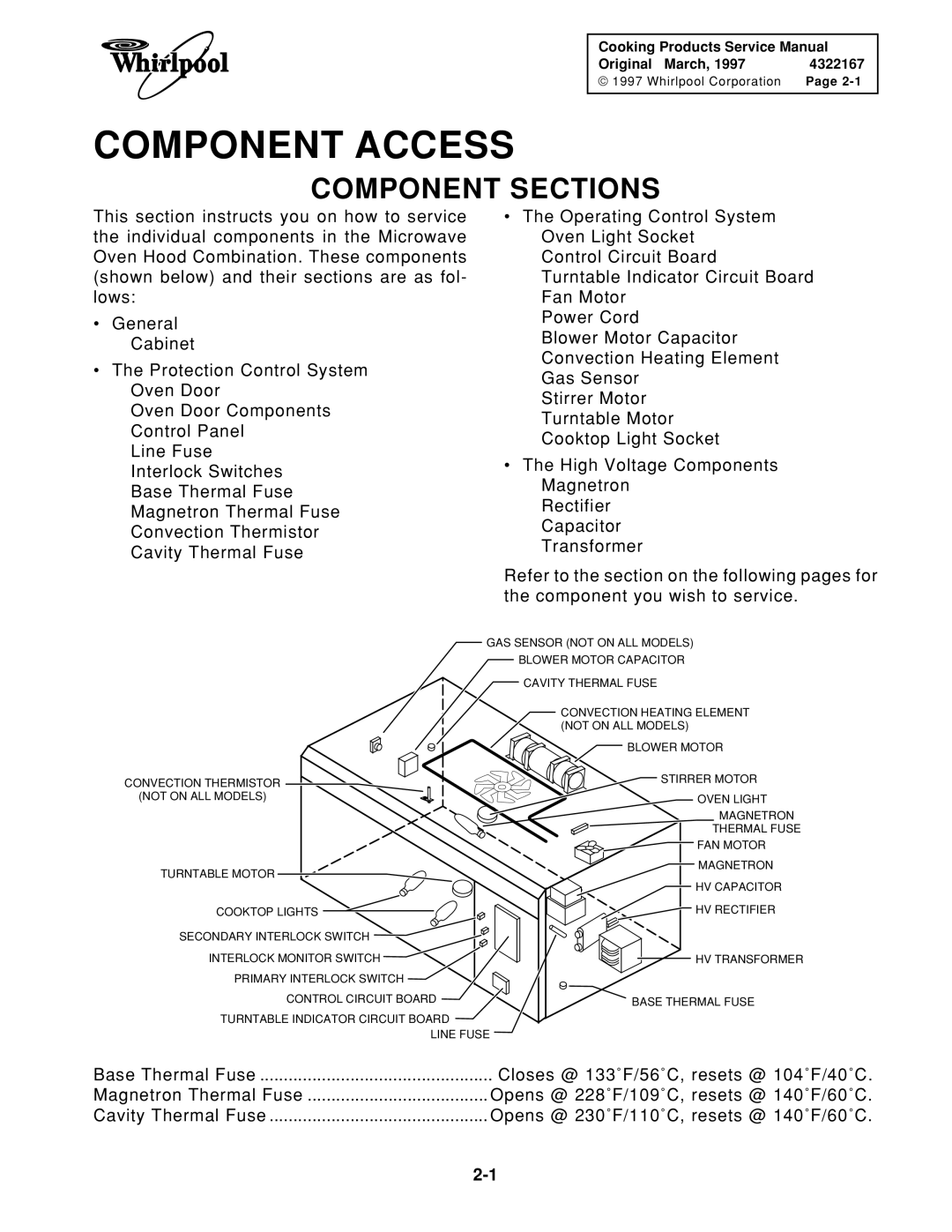 Whirlpool 1997 E service manual Component Access, Component Sections 