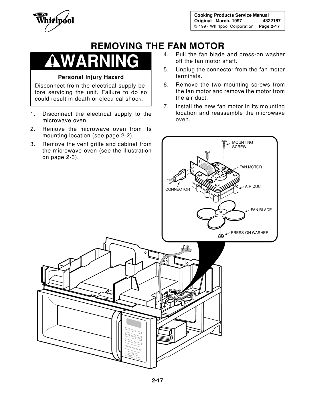 Whirlpool 1997 E service manual Removing the FAN Motor 