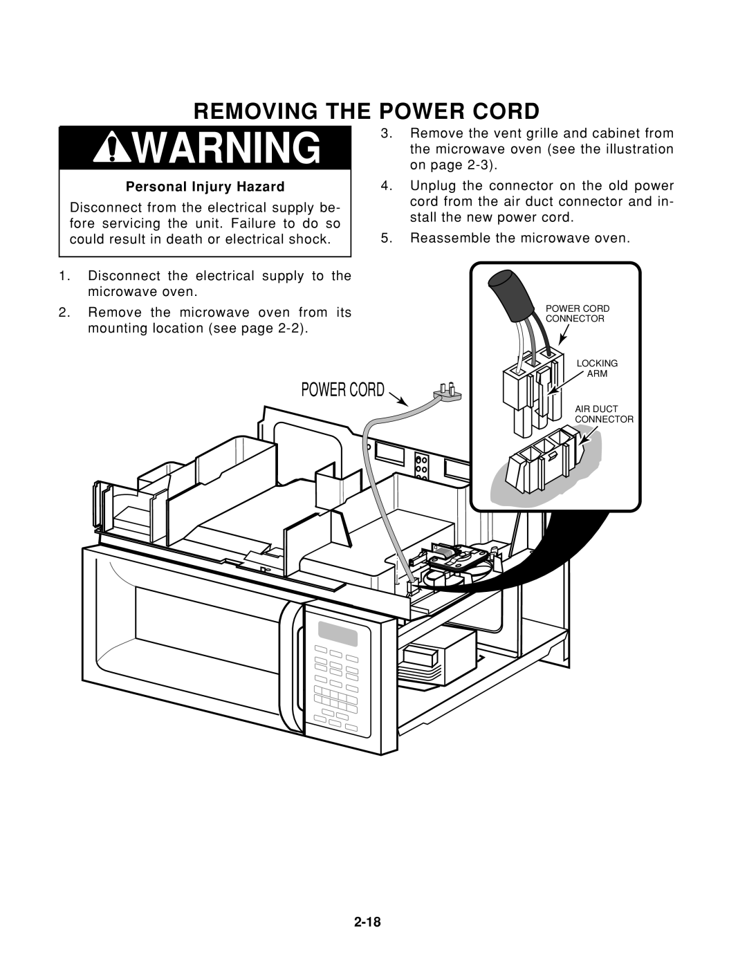 Whirlpool 1997 E service manual Removing the Power Cord 