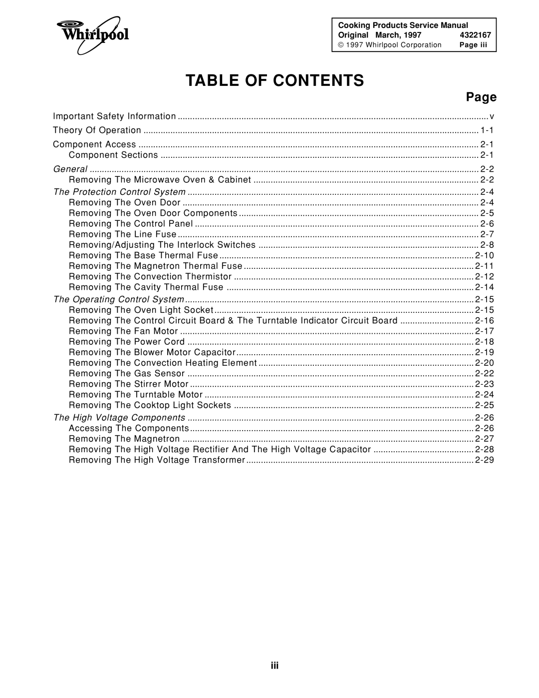 Whirlpool 1997 E service manual Table of Contents 