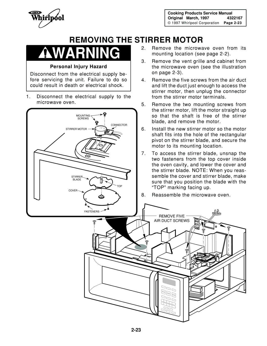 Whirlpool 1997 E service manual Removing the Stirrer Motor 