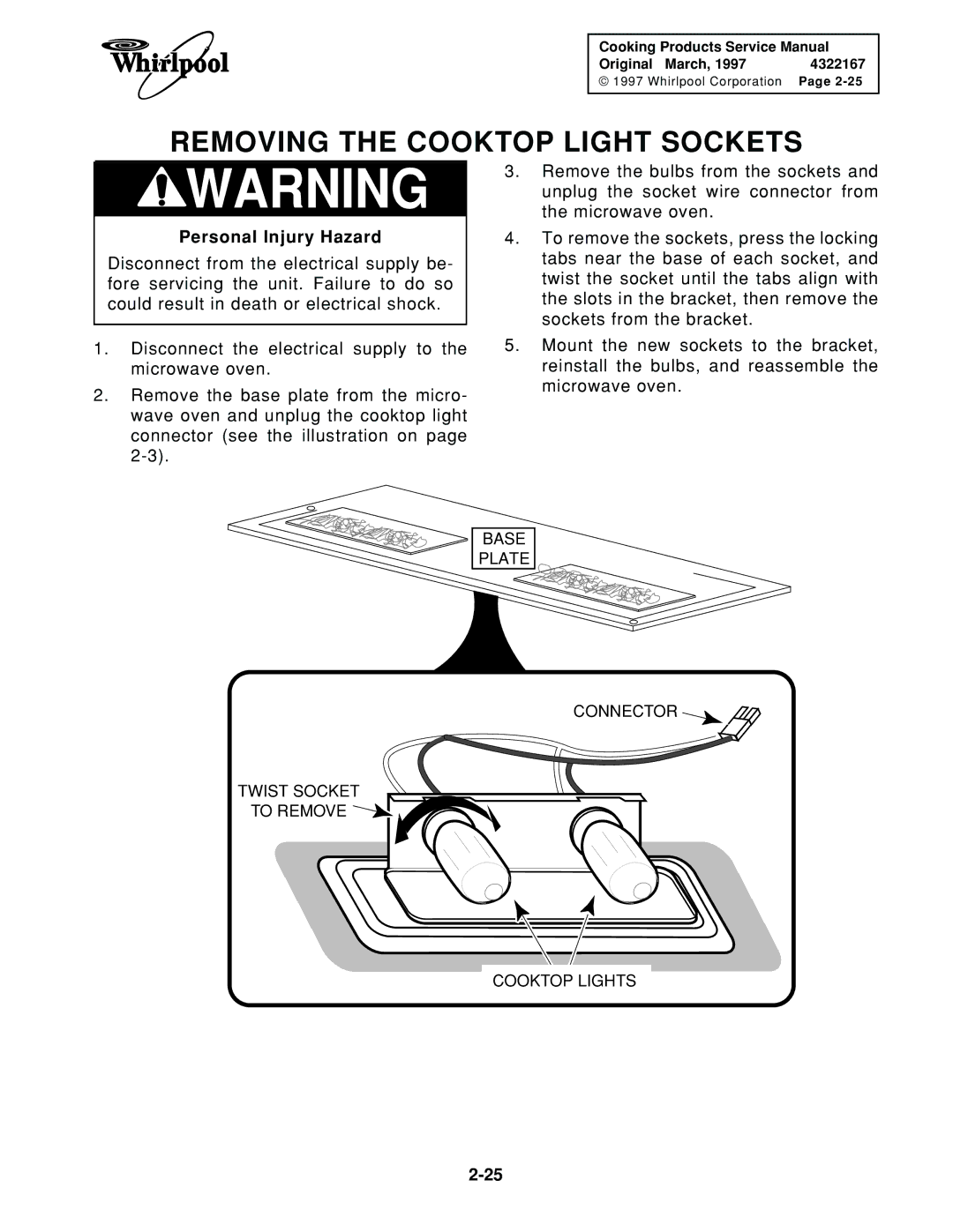 Whirlpool 1997 E service manual Removing the Cooktop Light Sockets 