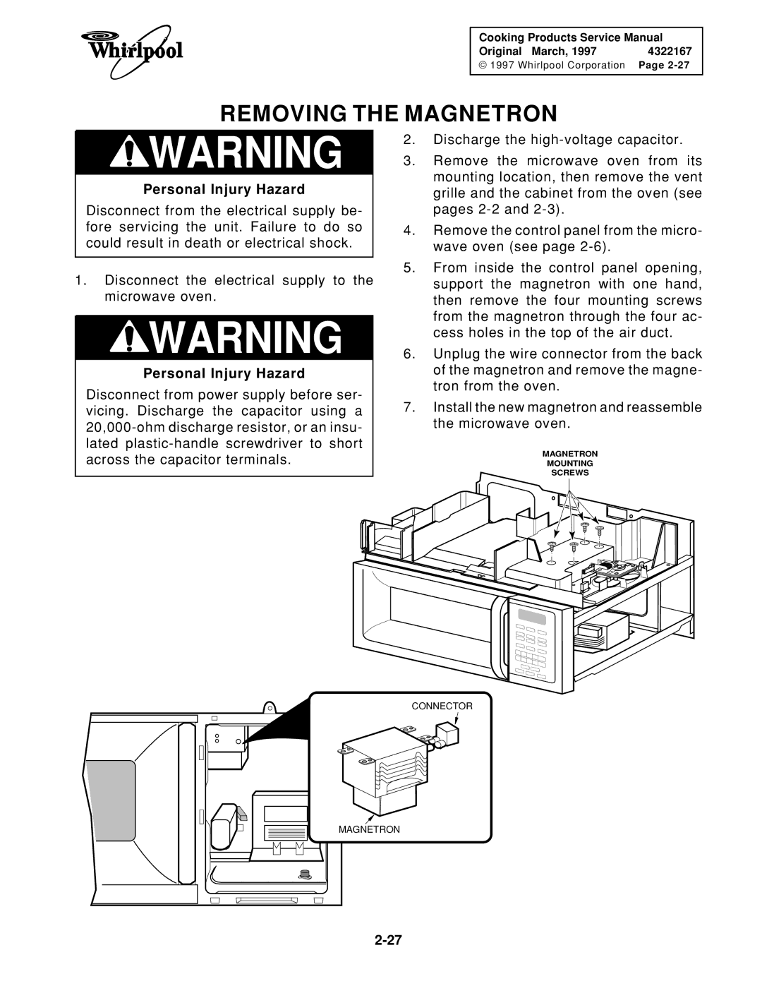 Whirlpool 1997 E service manual Removing the Magnetron 