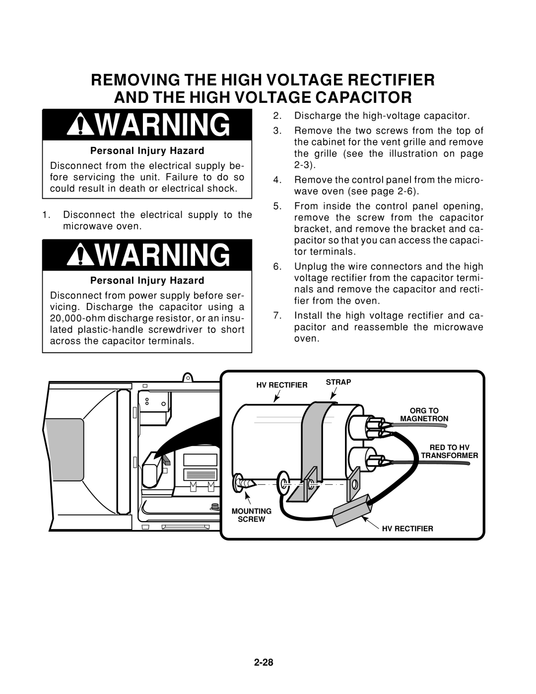 Whirlpool 1997 E service manual Removing the High Voltage Rectifier High Voltage Capacitor 