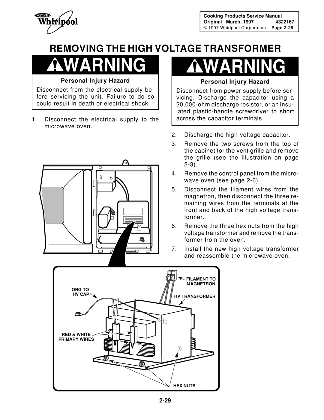 Whirlpool 1997 E service manual Removing the High Voltage Transformer 