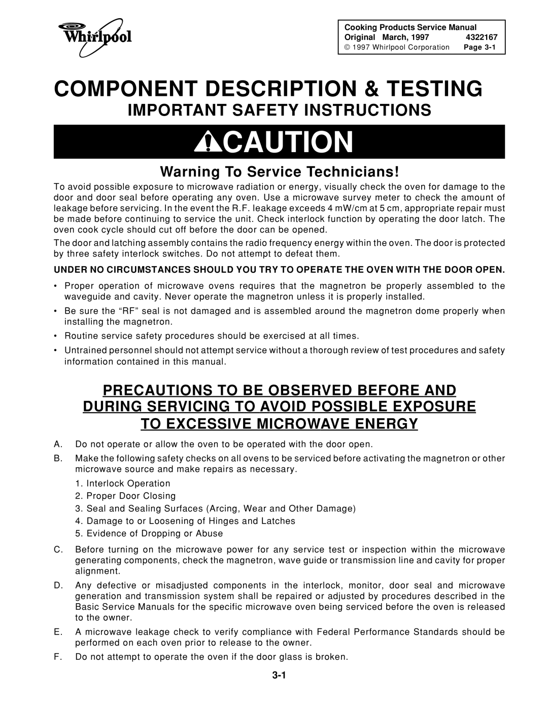 Whirlpool 1997 E service manual Component Description & Testing, Important Safety Instructions 