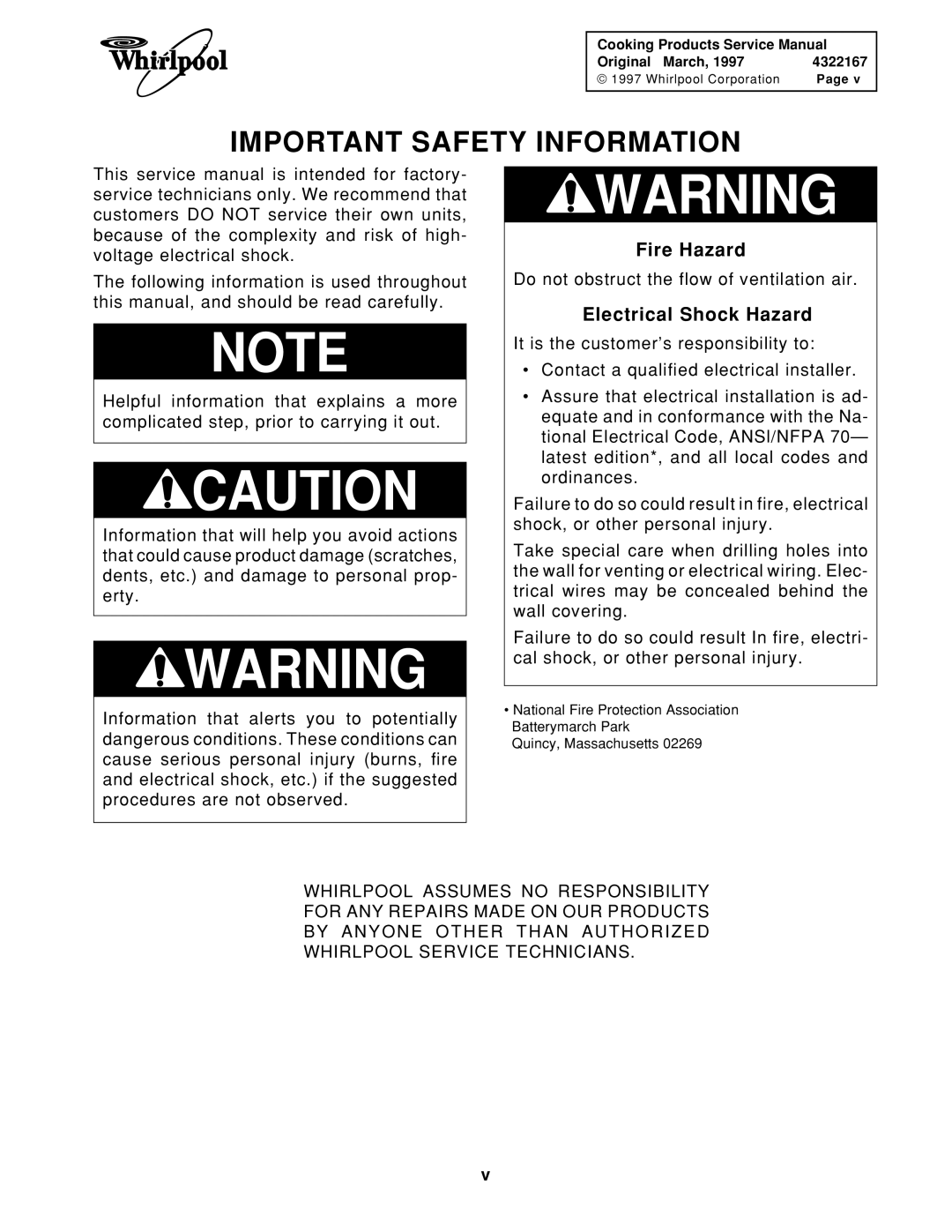 Whirlpool 1997 E service manual Important Safety Information, Electrical Shock Hazard 