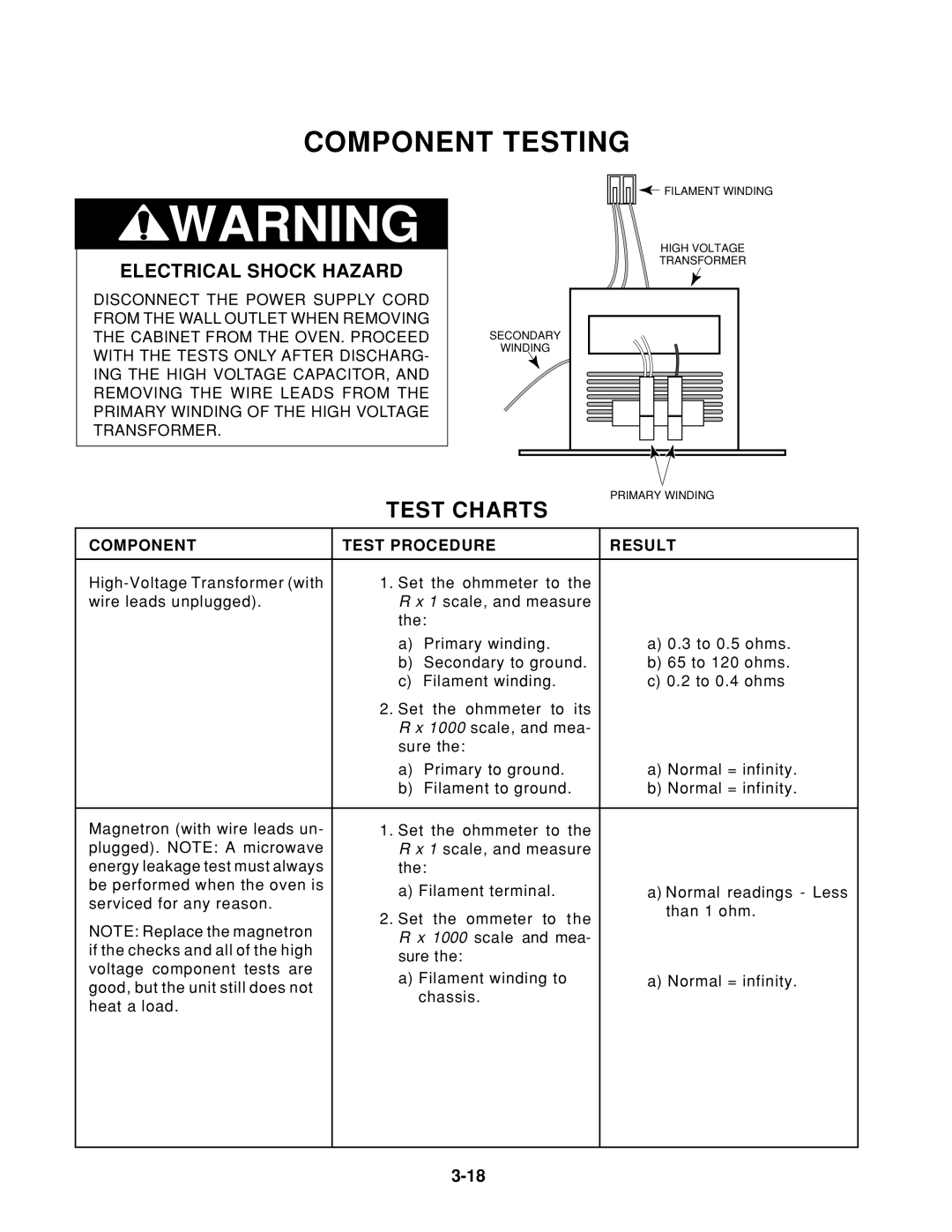 Whirlpool 1997 E service manual Component Testing, Test Charts 