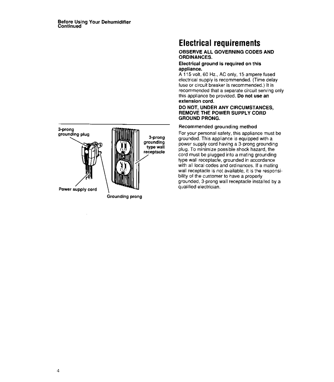 Whirlpool 1ADM202XX0 manual Electrical requirements, Observe ALL Governing Codes and Ordinances 