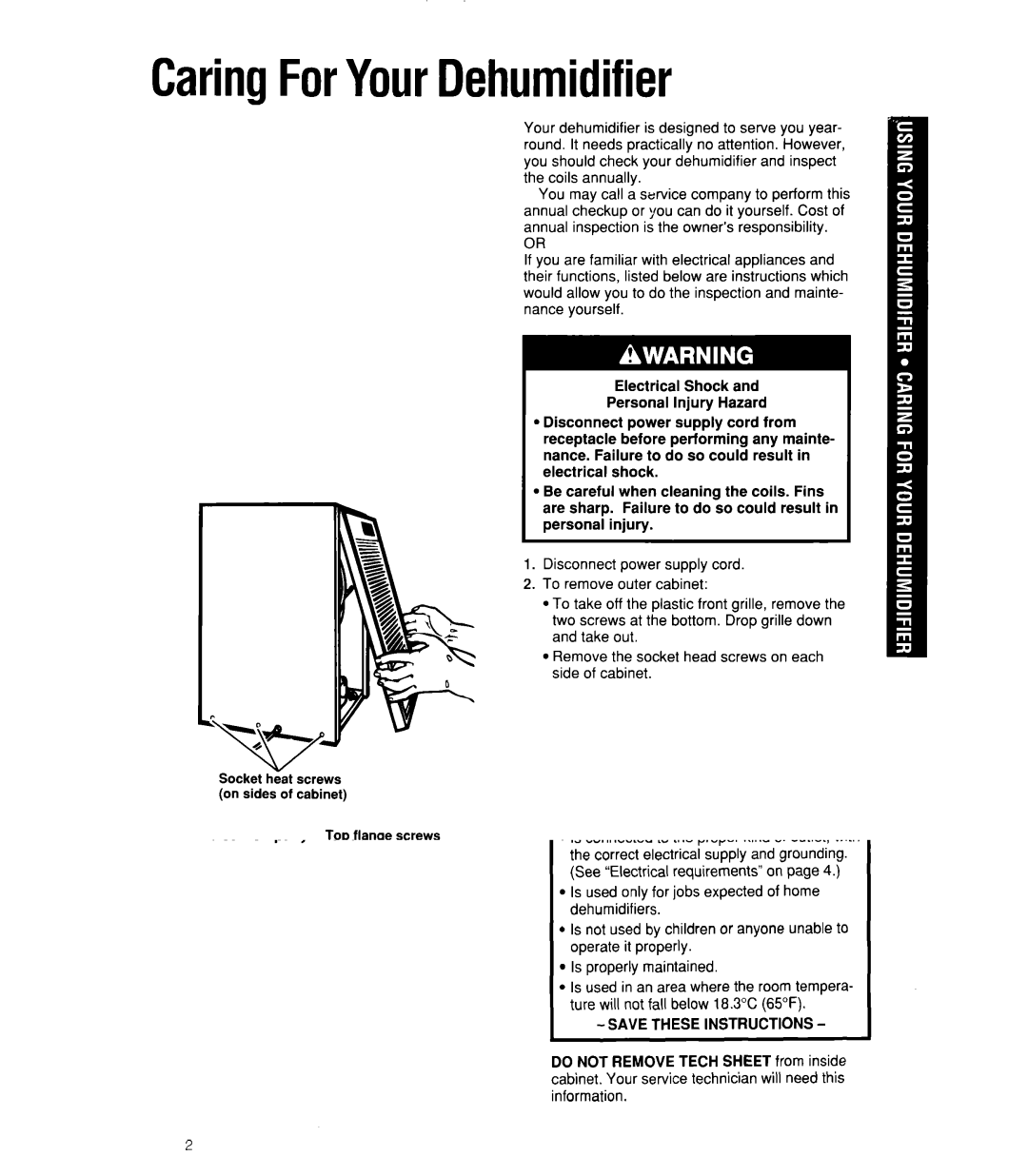 Whirlpool 1ADM202XX0 manual CaringForYourDehumidifier 