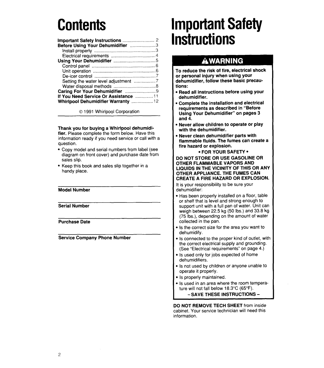 Whirlpool 1ADM202XX0 manual Contents, mportantSafety nstructions 