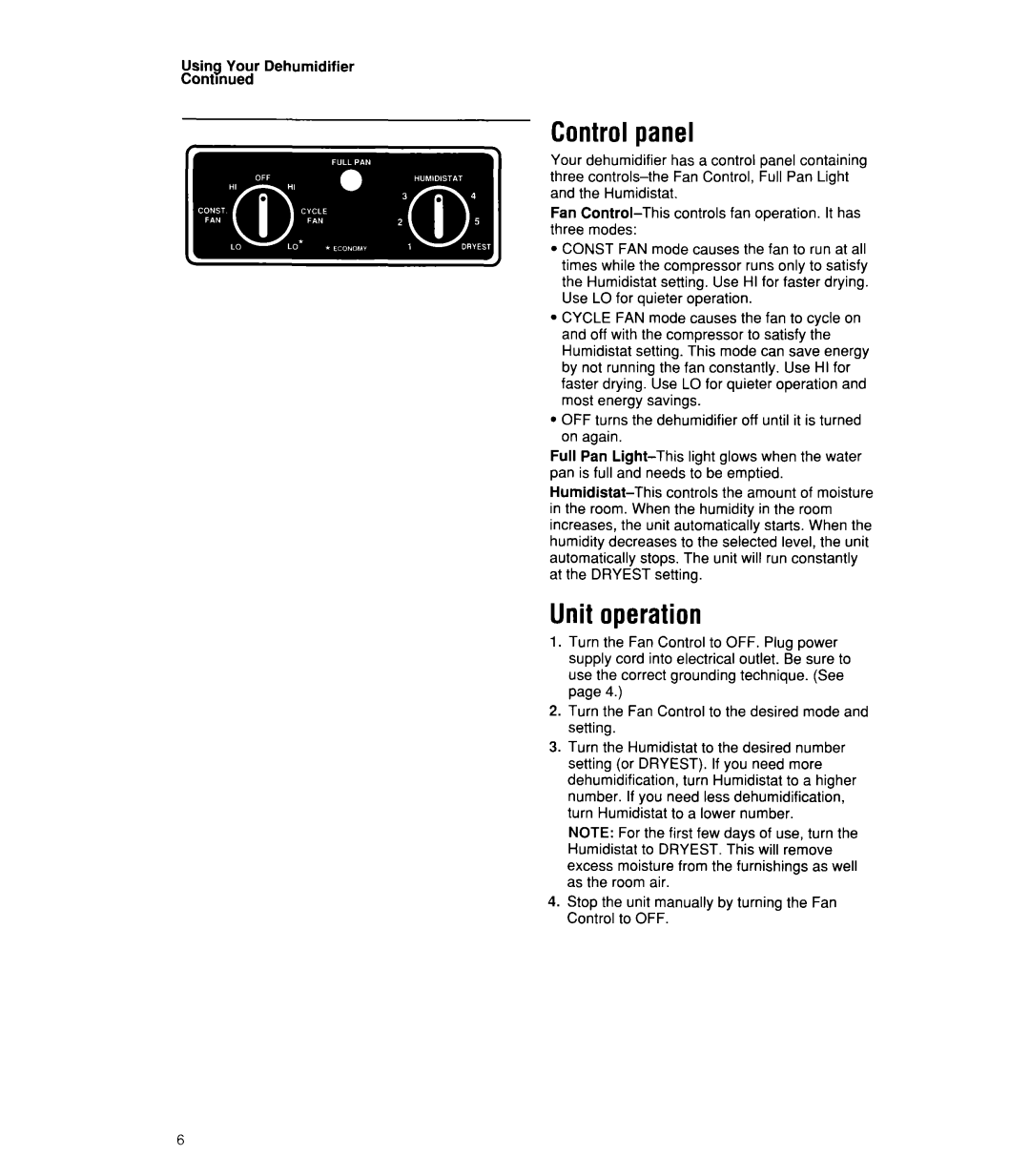 Whirlpool 1ADM202XX0 manual Control panel, Unit operation 
