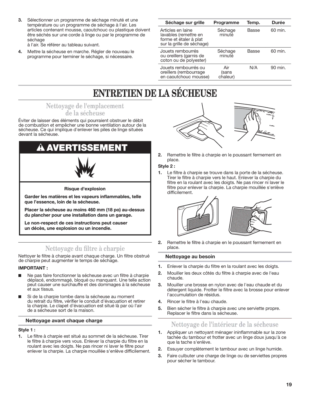 Whirlpool 1W10287573A Entretien DE LA Sécheuse, Nettoyage de lemplacement De la sécheuse, Nettoyage du filtre à charpie 