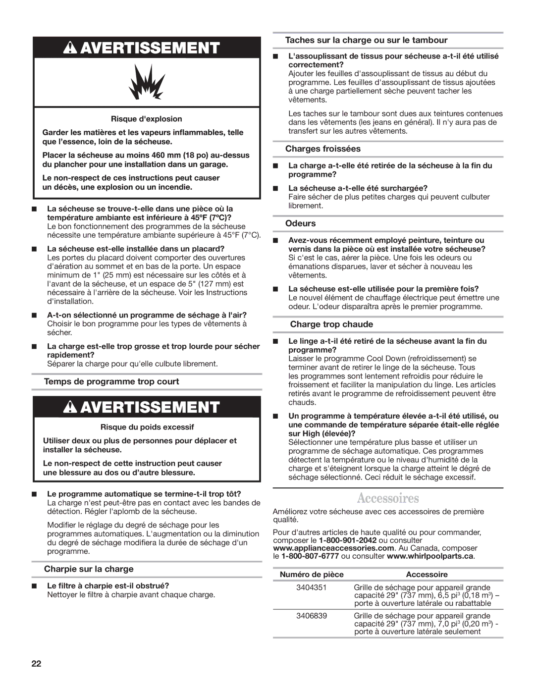 Whirlpool 1W10287573A warranty Accessoires 