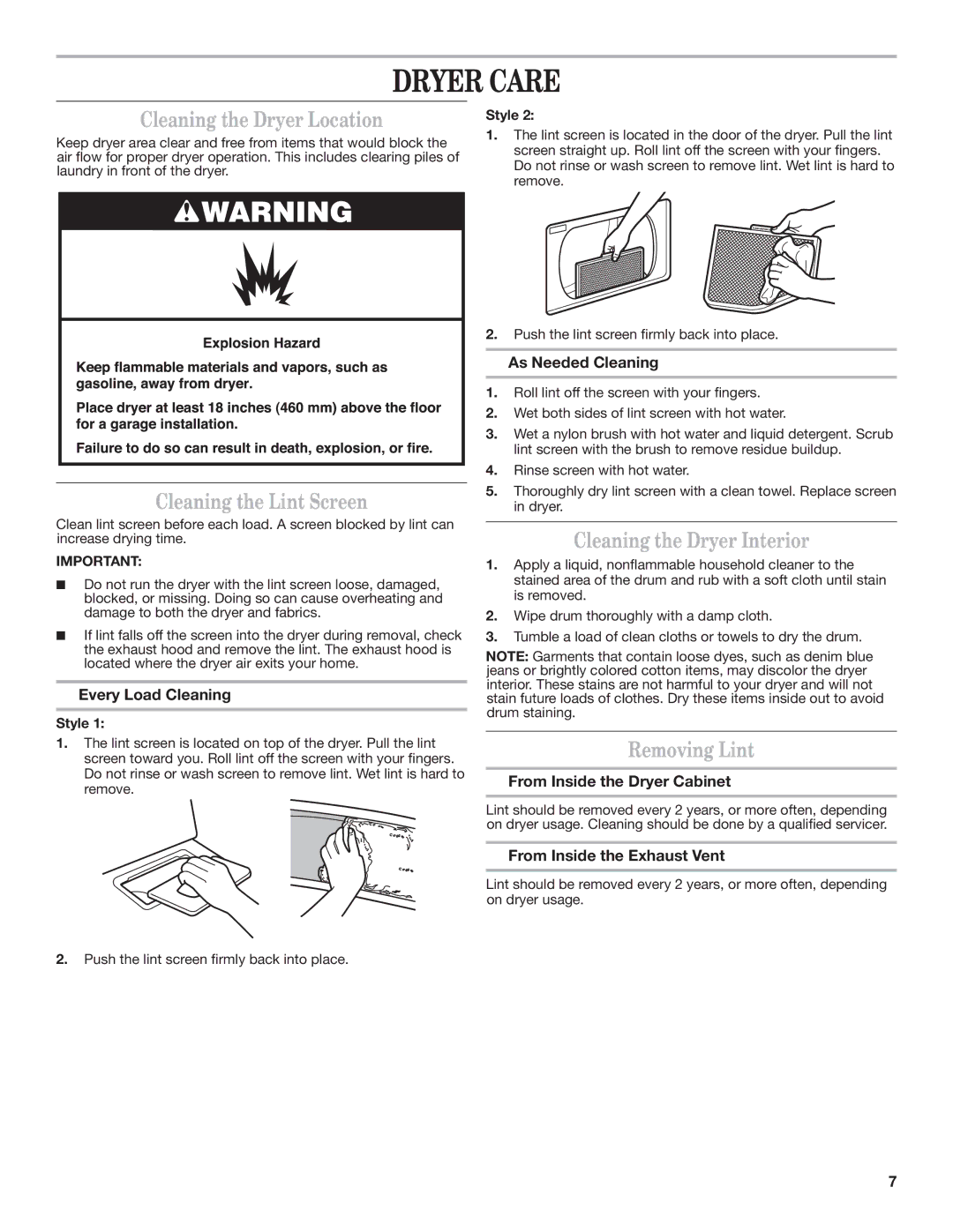 Whirlpool 1W10287573A Dryer Care, Cleaning the Dryer Location, Cleaning the Lint Screen, Cleaning the Dryer Interior 