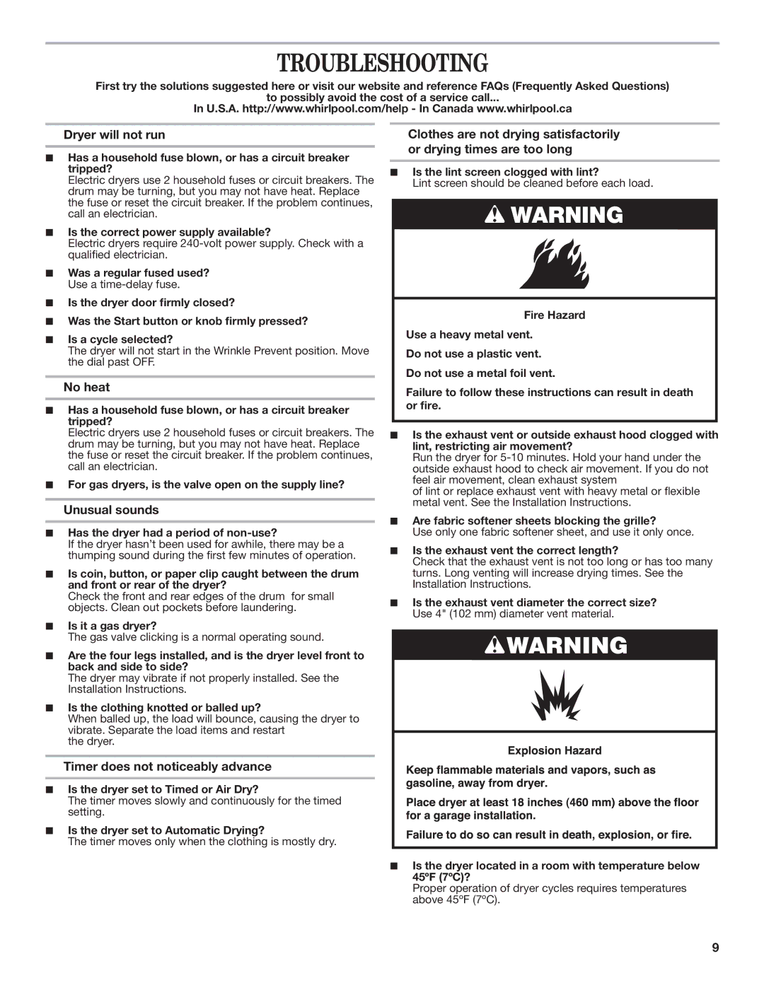 Whirlpool 1W10287573A Troubleshooting, Dryer will not run, No heat, Unusual sounds, Timer does not noticeably advance 