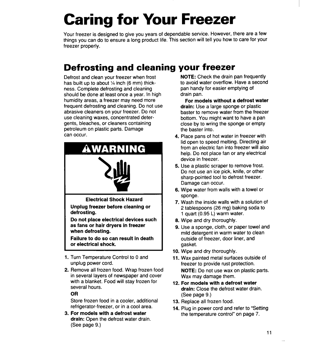 Whirlpool 2165306 warranty Caring for Your Freezer, Defrosting and cleaning, Your freezer 