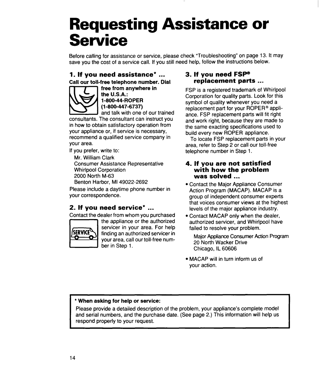 Whirlpool 2165306 warranty Requesting Assistance or Service, If you need assistance, If you need service 