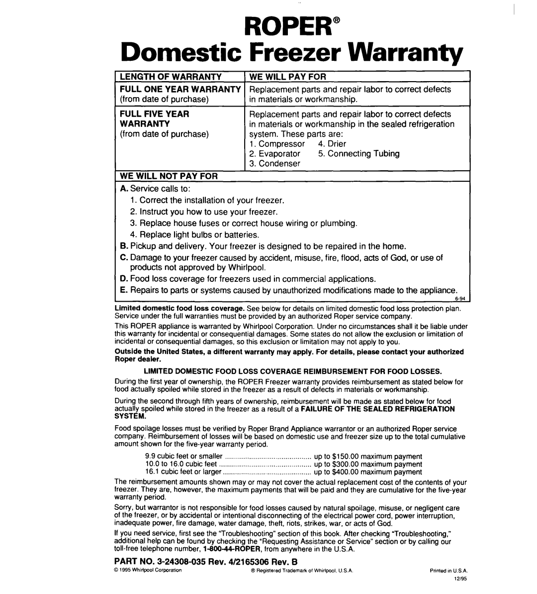 Whirlpool 2165306 warranty Roper, Domestic Freezer Warranty 