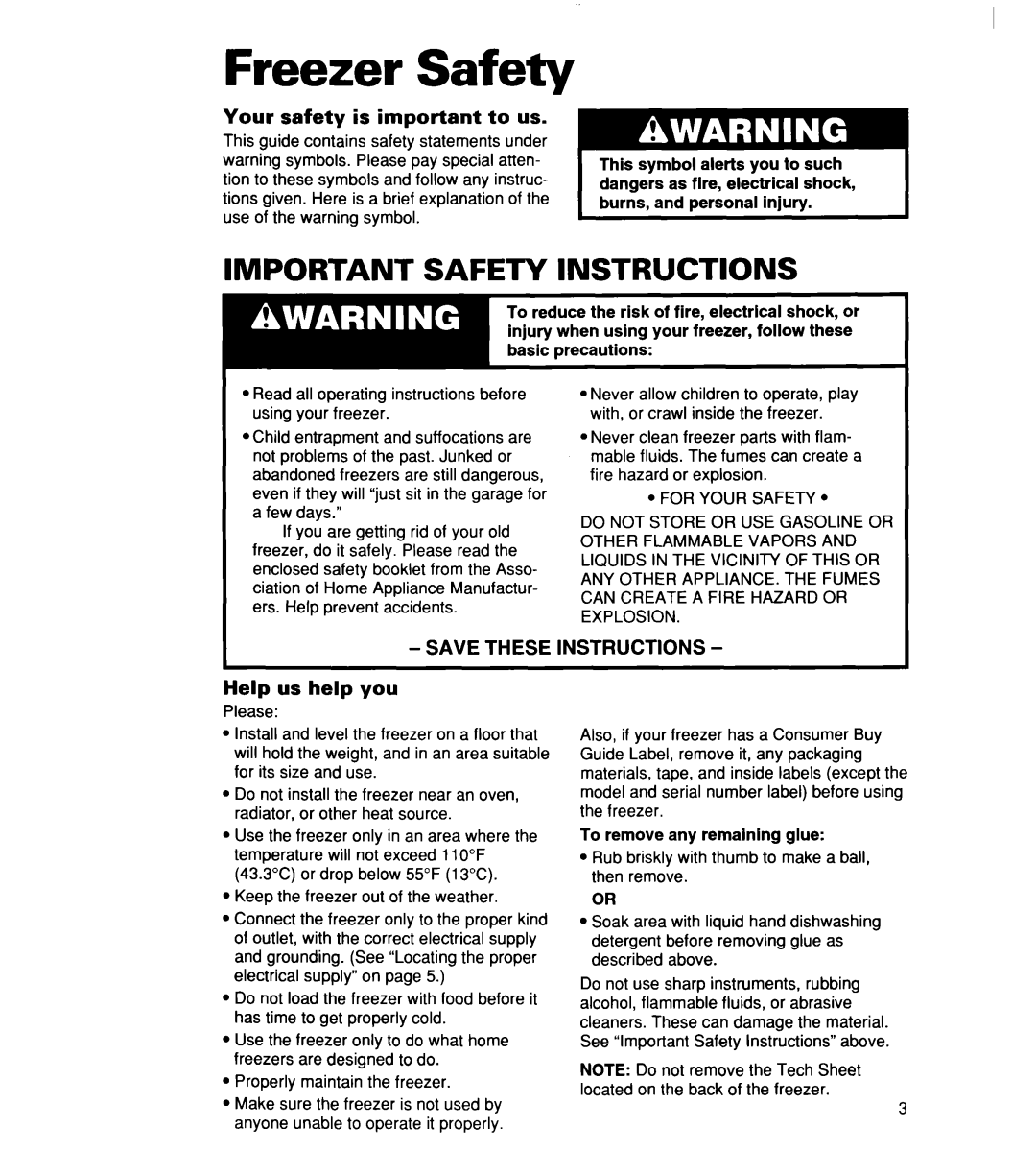 Whirlpool 2165306 warranty Freezer Safety, Your safety is important to us, Help us help you 