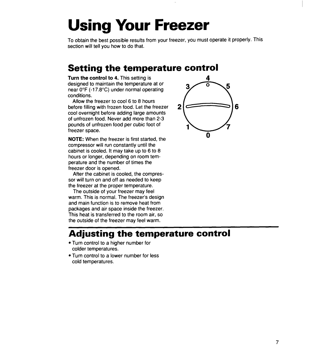 Whirlpool 2165306 warranty Using Your Freezer, Setting the temperature, Adjusting the temperature control 